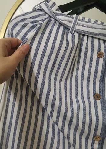 Düğmeli Beyaz Gri Çizgili Uzun Etek - Görsel 3