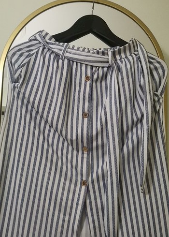 Düğmeli Beyaz Gri Çizgili Uzun Etek - Görsel 2