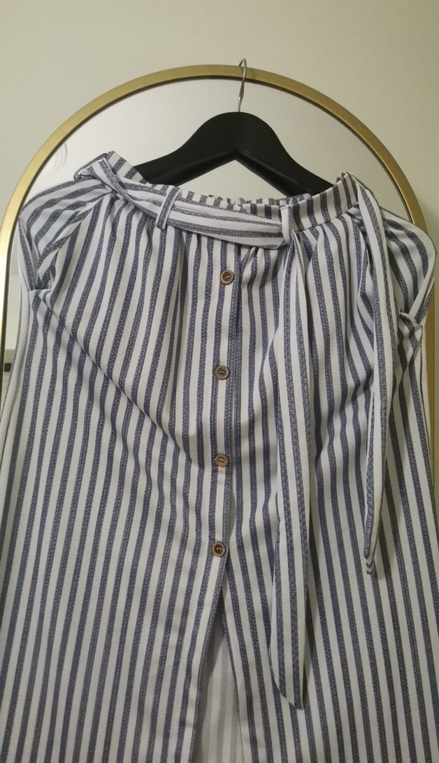 Düğmeli Beyaz Gri Çizgili Uzun Etek - Görsel 2