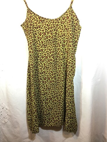 Vintage yeşil leopar desenli askılı elbise