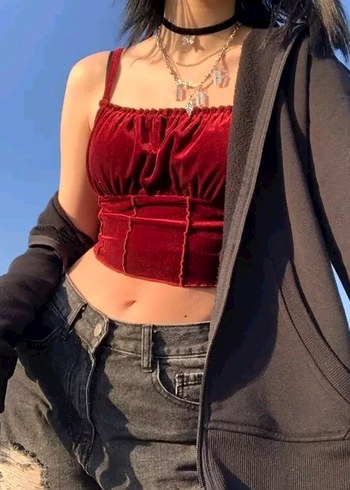 bordo kadife Drapeli Kadın Crop Top