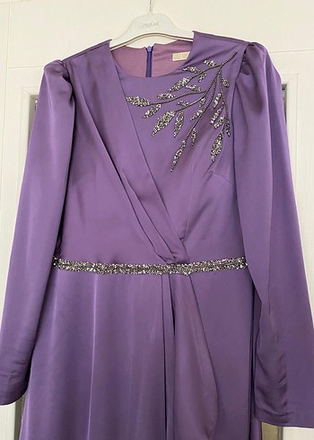 Mor İşlemeli Uzun Kollu Kadın Abiye Elbise - Görsel 2