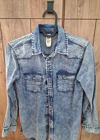 Gri Mavi Batik Desenli Denim gömlek