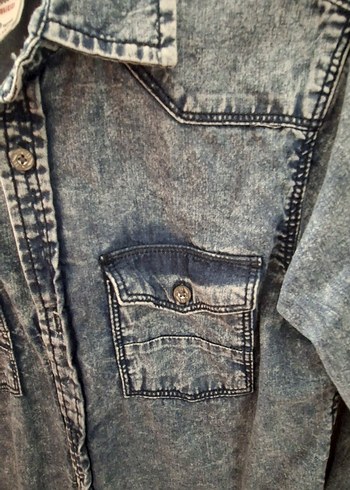 8 Yaş Beden Gri Mavi Batik Desenli Denim gömlek