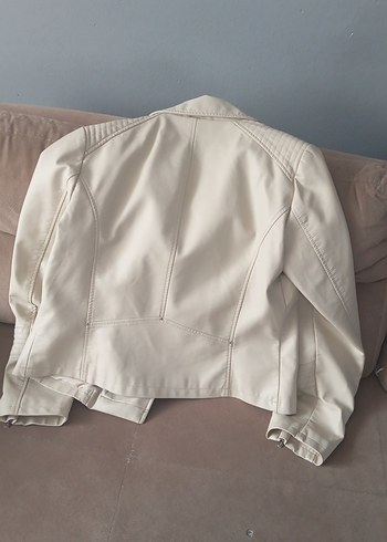 Kadın Beyaz Deri Ceket, Düğmeli, Orta Boy - Görsel 3