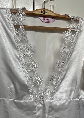 Beyaz Parlak Midi Kadın Sabahlık - Görsel 3