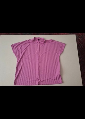 Pembe Piliseli Yüksek Yakalı Kısa Kollu Kadın Bluz