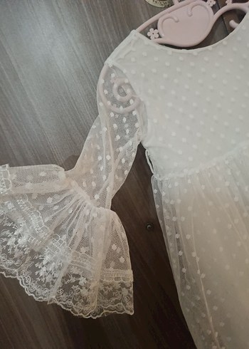Uzun Kollu Beyaz Dantel Kız Elbisesi - Görsel 2