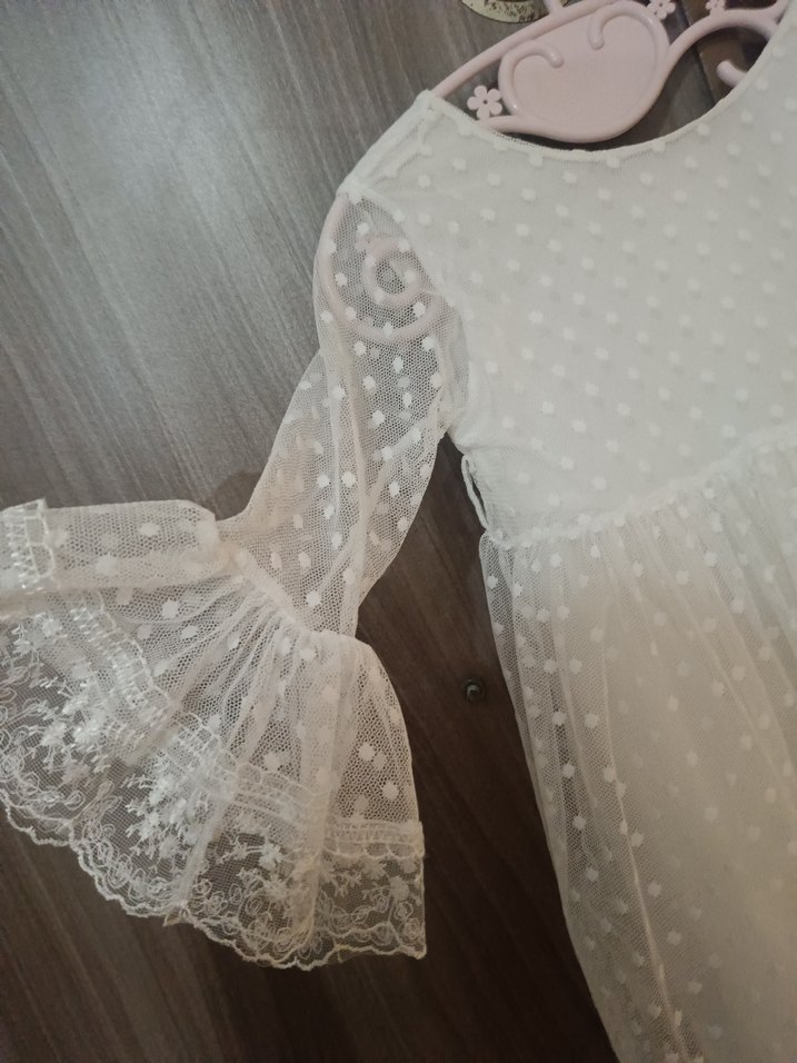 Uzun Kollu Beyaz Dantel Kız Elbisesi - Görsel 2