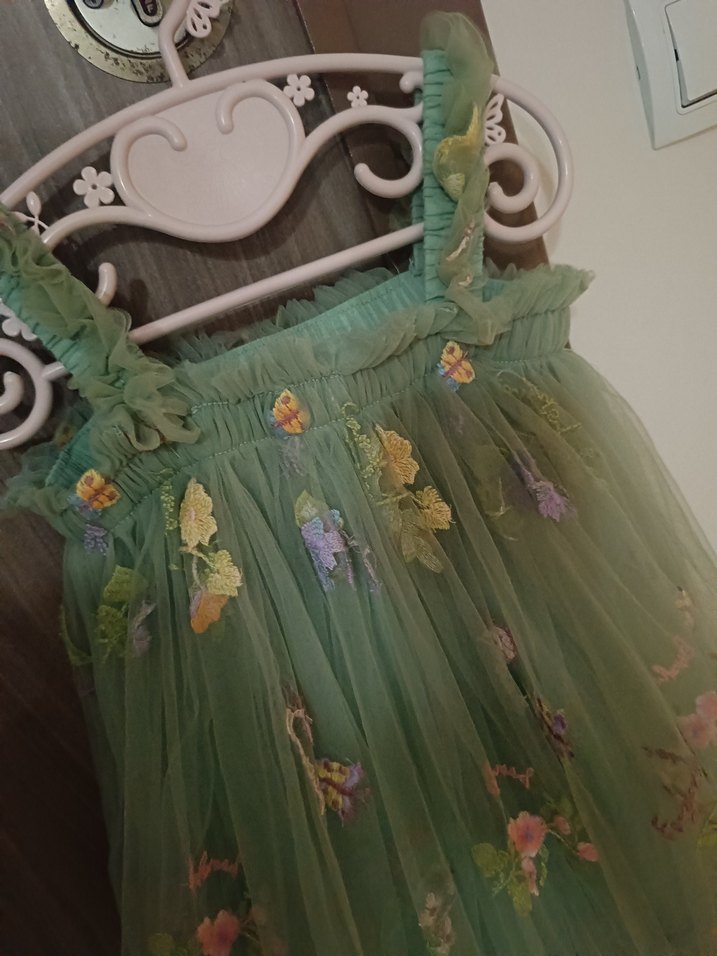 Yeşil Nakışlı Kız Çocuk Bohem Elbise - Görsel 2