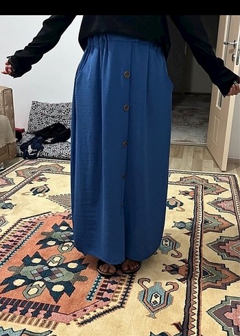 Düğmeli Mavi Bohem Uzun Etek
