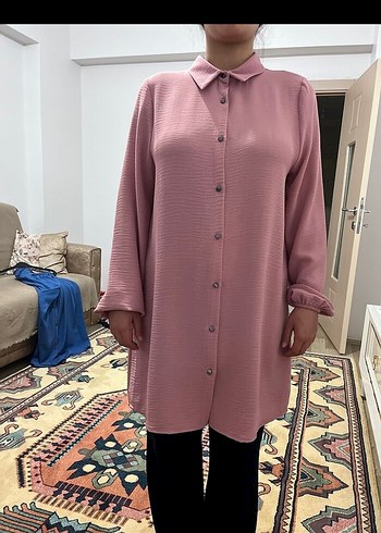 Düğmeli Pembe Midi Kadın Tunik