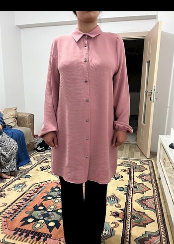 40 Beden Düğmeli Pembe Midi Kadın Tunik