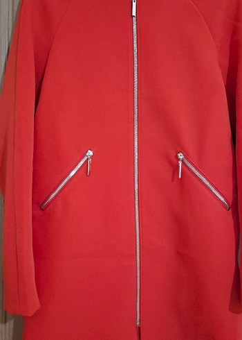 Kırmızı Fermuarlı Midi Kadın Kaban - Görsel 10