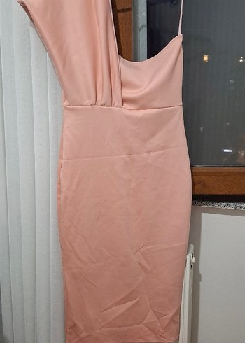Pudra Pembe Drapeli Midi Kalem Elbise