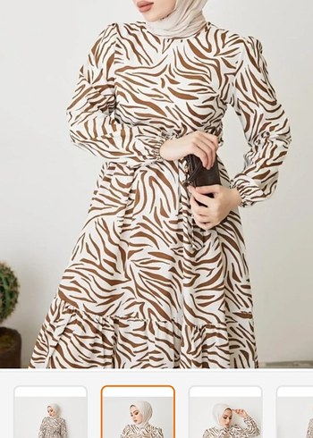 Diğer Uzun Kollu Zebra Desenli Kahverengi Elbise