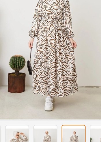 42 Beden kahverengi Renk Uzun Kollu Zebra Desenli Kahverengi Elbise