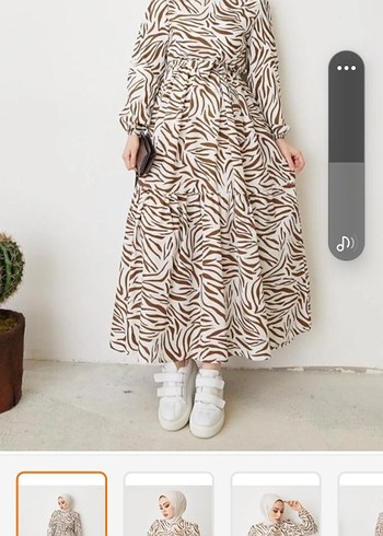 Uzun Kollu Zebra Desenli Kahverengi Elbise