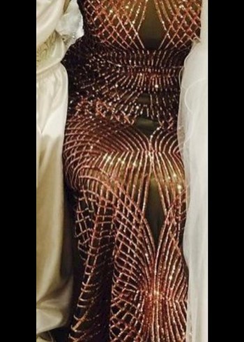 Uzun Kollu Kahverengi Yılan Desenli Abiye Elbise - Görsel 6