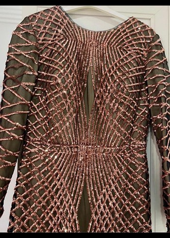 Uzun Kollu Kahverengi Yılan Desenli Abiye Elbise - Görsel 3