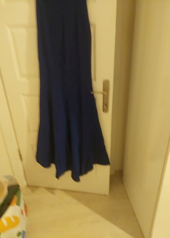 Uzun Lacivert V Yaka Drapeli Abiye Elbise - Görsel 5