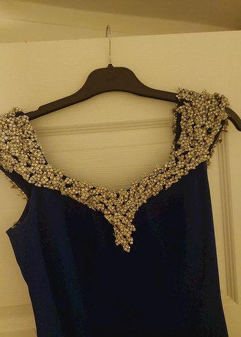 Uzun Lacivert V Yaka Drapeli Abiye Elbise - Görsel 2