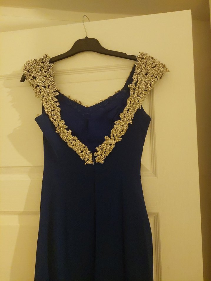 Uzun Lacivert V Yaka Drapeli Abiye Elbise - Görsel 4