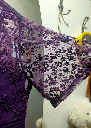 Mor V Yakalı Midi Kadın Abiye Elbise - Görsel 5