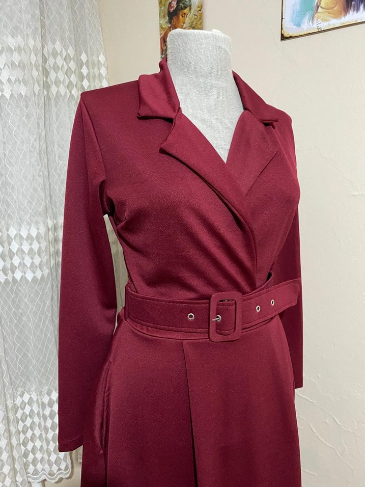 Bordo Kemerli Uzun Kadın Klasik elbise - Görsel 2