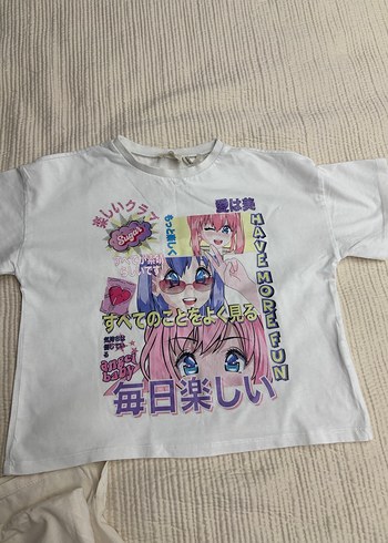 Baskılı, kısa kollu, bol kesim kız tişörtleri ve askılı bluz - Görsel 5