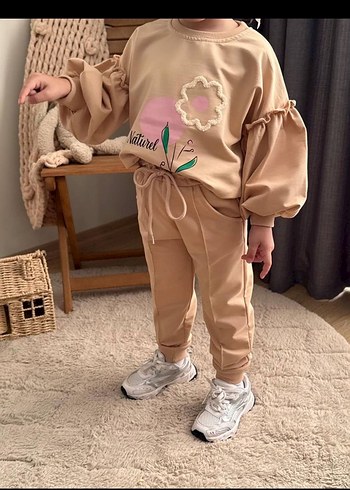 Rahat Kesim Kız Çocuk Bej Sweatshirt ve Eşofman