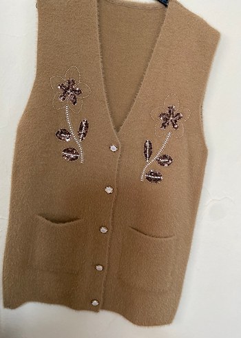 Bej Nakışlı Kadın Triko Kaban - Görsel 2