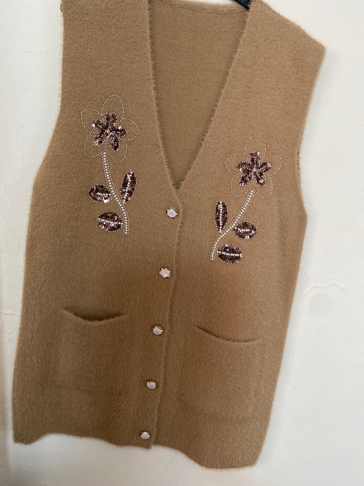 Bej Nakışlı Kadın Triko Kaban - Görsel 2