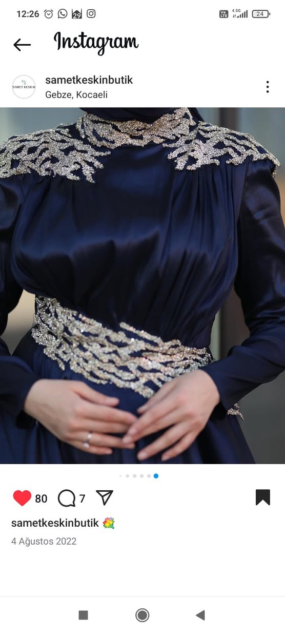 Navy İşlemeli Drapeli Uzun Abiye Elbise - Görsel 4