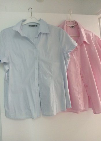 Düğmeli, Kısa Kollu, Pembe Pamuk Gömlek
