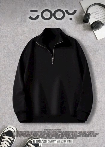 Fermuarlı Yarım Balıkçı Yaka Siyah Sweatshirt