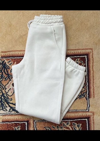 Beyaz Bol Kesim Keten Kadın Eşofman Altı - Görsel 2