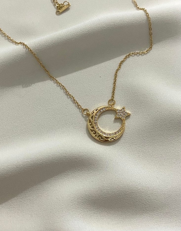 Gri Zincir Detaylı Ay Yıldız Kolye - Görsel 2