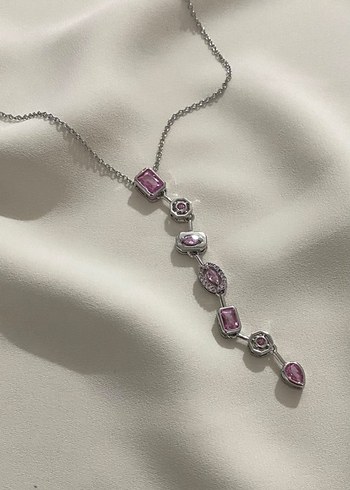 Pembe Taşlı Zincir Detaylı Uzun Kolye