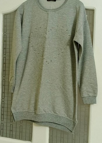Gri Örgü Kadın Sweatshirt, Bisiklet Yaka, Rahat Kesim