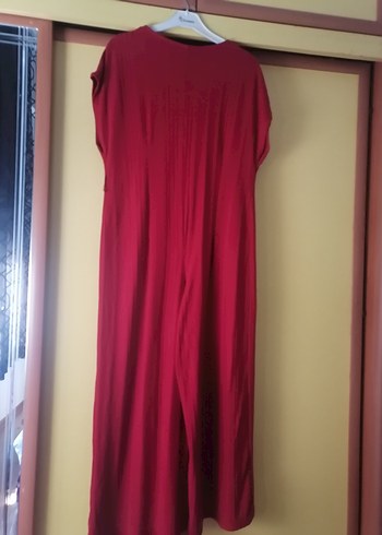 Bordo V Yaka Düğmeli Uzun Kadın Tulum - Görsel 5