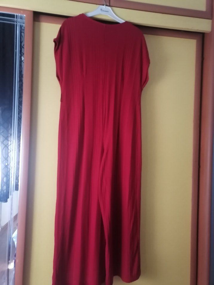 Bordo V Yaka Düğmeli Uzun Kadın Tulum - Görsel 5