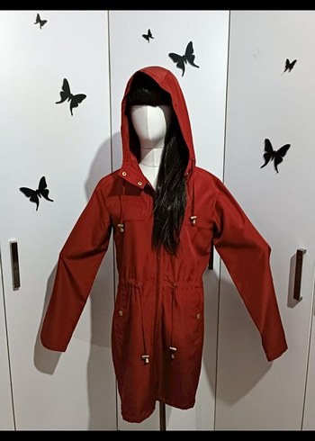 Bordo Düğmeli Midi Kadın Yağmurluk - Görsel 3