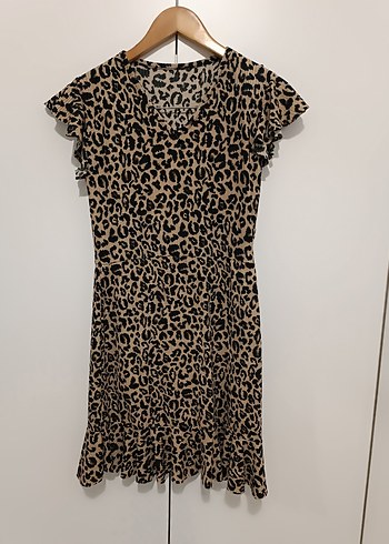 Kahverengi Leopar Desenli Midi Elbise
