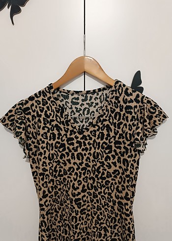 m Beden Kahverengi Leopar Desenli Midi Elbise