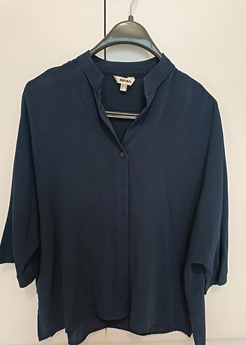 Lacivert Hakim Yaka Kısa Kollu Kadın Gömlek - Görsel 3