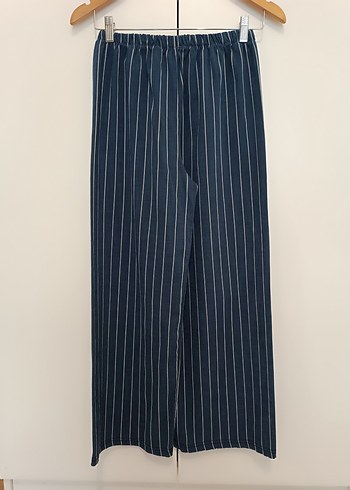 Lacivert Çizgili Kadın Pilili Kumaş Pantolon - Görsel 2