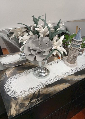 Gri ve Beyaz Çiçekli Gümüş Vazo Seti - Görsel 5