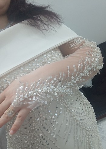 Drapeli Uzun Kollu Beyaz Midi Abiye Elbise - Görsel 4