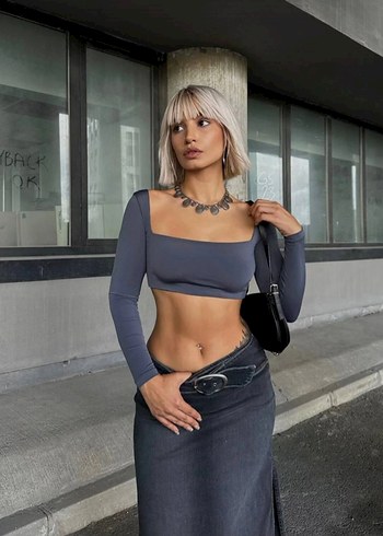 Gri Crop Top - Görsel 2